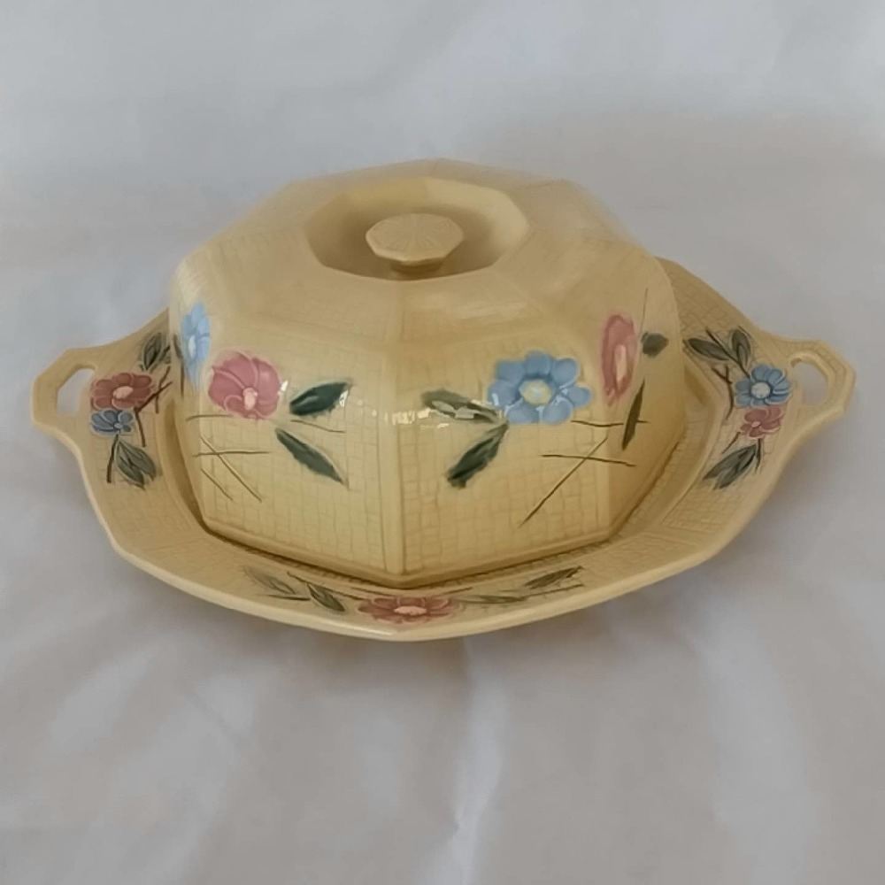 Antique Zell Majolica LDBC Cake Platter & Lid Basketweave Floral Painted